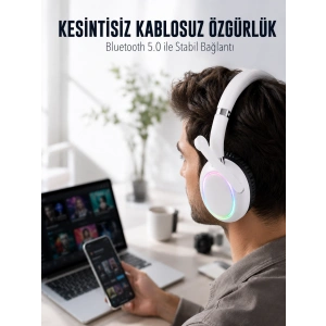 Rgb Işıklı Mikrofonlu Bluetooth Kulaklık Beyaz Over-ear Tasarım Type-c Şarjlı