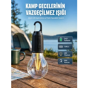 Şarjlı Aydınlatma Ampul Tasarımlı Ambians Işık Askılı Kamp Lambası