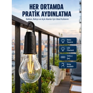 Şarjlı Dekoratif Kamp Lambası Askılı Ampul Led Işık Type-c Girişli