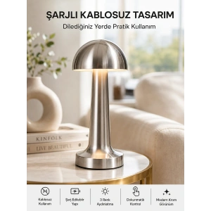 Şarjlı Kablosuz Mantar Masa Lambası Dokunmatik 3 Renk Led Modern Tasarım Yeni Nesil
