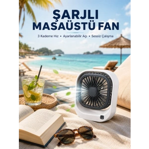 Şarjlı Masaüstü Fan 3 Kademeli Hız Ayarlı Güçlü Hava Akışı