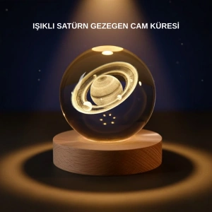 Satürn Desenli Kristal Küre Led Gece Lambası Ahşap Standlı