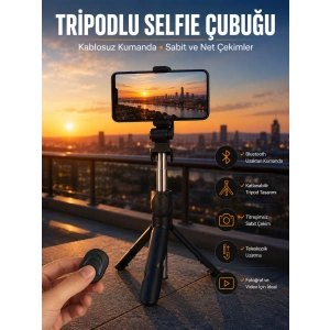 Selfie Çubuğu Tripod Kumandalı Telefon Tutucu Siyah