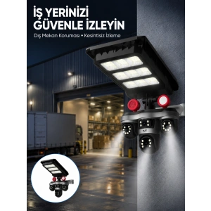 Solar Panelli 3 Lens Dış Mekan Güvenlik Kamerası Hareket Algılamalı Led Aydınlatmalı