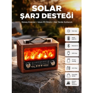 Taşınabilir Şömine Görünümlü Bluetooth Hoparlör – Solar Şarjlı, Alev Işıklı, 7w Ses