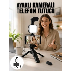 Telefon Tutucu Led Işıklı Kumandalı Mikrofon Telefon Vlog Video Kayıt Yeni Nesil