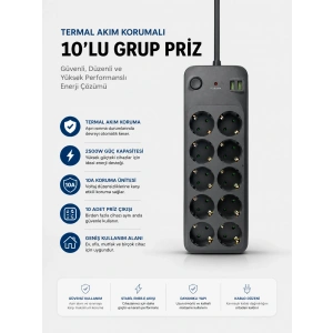 Termal Akım Korumalı Usb Type-c Girişli 10lu Grup Priz 2500w Güç Kapasitesi (kopya)
