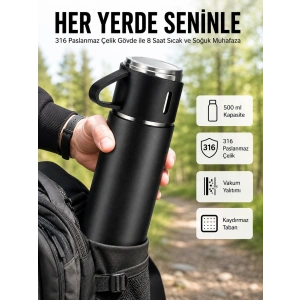 Termos Seti 3lü Bardak Seti Isı Dayanıklı Siyah Paslanmaz Çelik Vakumlu