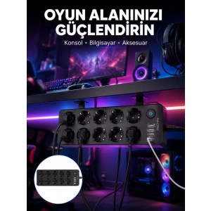 Usb Ve Type-c Çıkışlı 10lu Akım Korumalı Çoklu Priz Güç Dağıtıcı