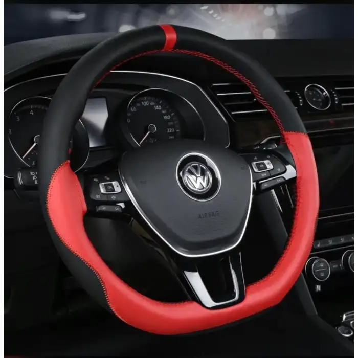 1. Kalite Deri KIRMIZI İpli ve Kırmızı-Siyah Desenli Direksiyon Kılıfı - Dikmeli Model / A+ Kopmayan İp / Kokusuz Ürün
