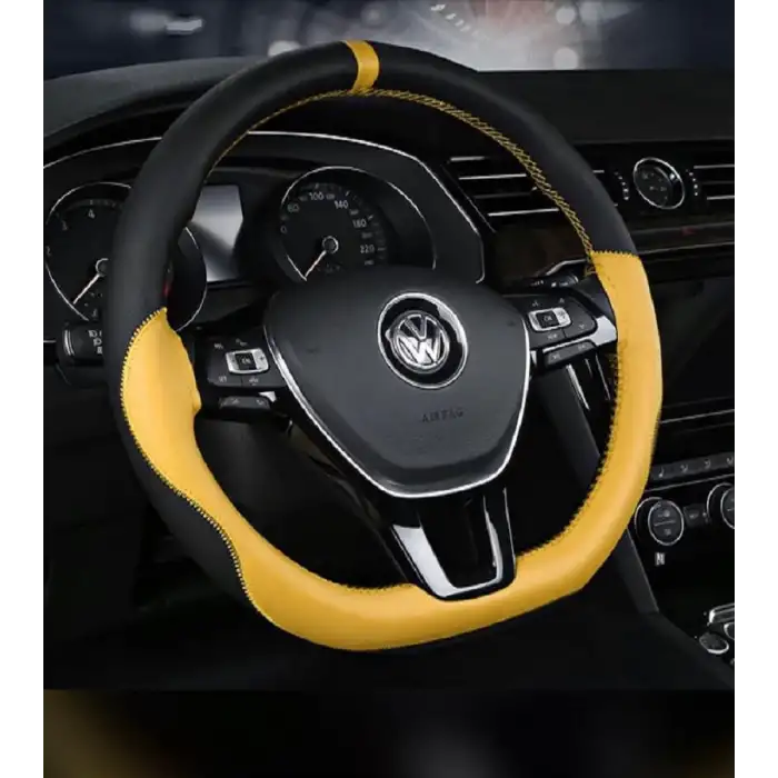 1. Kalite Deri Sarı İpli ve Sarı-Siyah Desenli Direksiyon Kılıfı - Dikmeli Model / A+ Kopmayan İp / Kokusuz Ürün