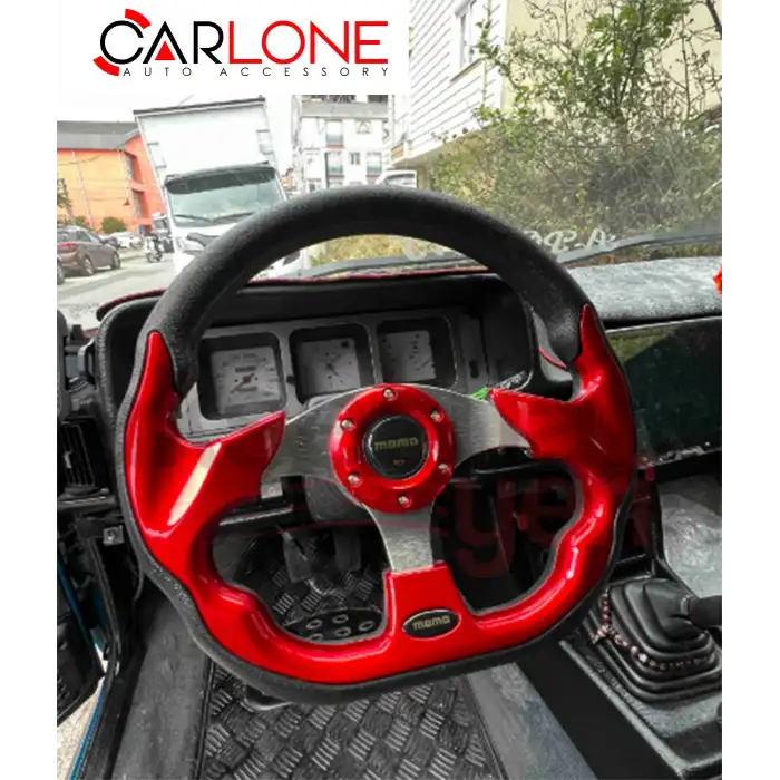 Momo Spor Direksiyon 32cm Kırmızı Altı Kesikli Yarış Spor Direksiyonu