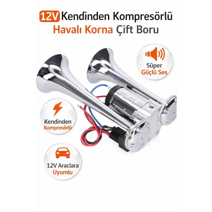 Havalı Korna 2 Borulu Krom Gövde Kendinden Kompresörlü 12v Roleli Tak Çalıştır