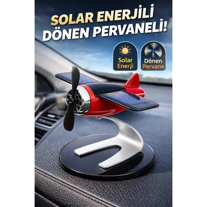 Güneş Solar Enerjili Pervaneli Oto Kokulu Uçak Görünümlü Aksesuar Kırmızı Detaylı