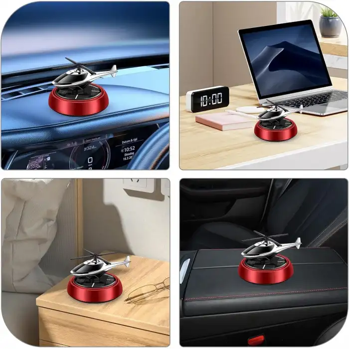 Güneş Enerjili Dönen Helikopter Araba Kokusu Kırmızı Renk -Torpido Üstü Dekoratif Oto Kokusu