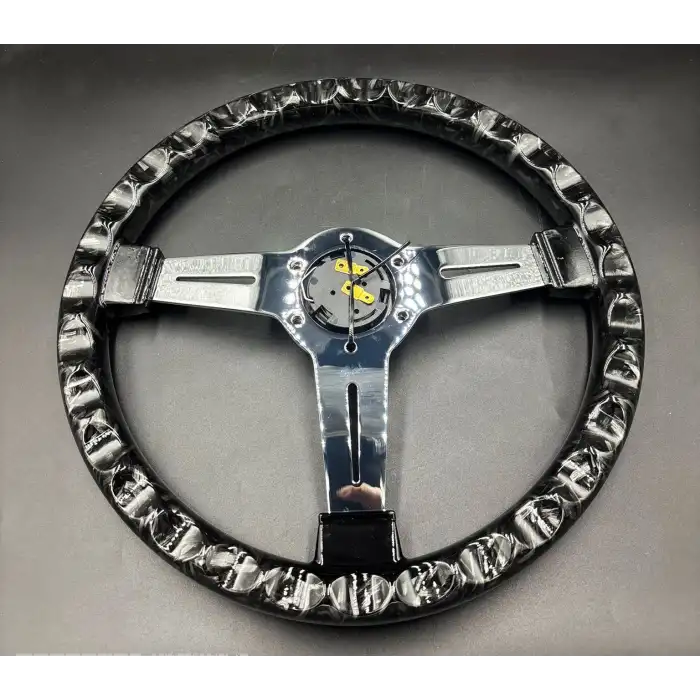 Sedefli Siyah Spor Direksiyon Momo Tip 35cm İthal Krom Detay 3 Kol Çizgili