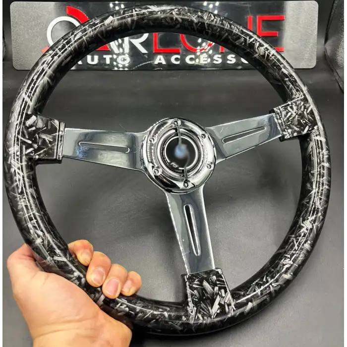 Sedefli Siyah Spor Direksiyon Momo Tip 35cm İthal Krom Detay 3 Kol Çizgili