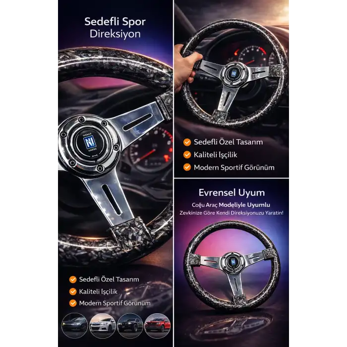 Sedefli Siyah Spor Direksiyon Momo Tip 35cm İthal Krom Detay 3 Kol Çizgili