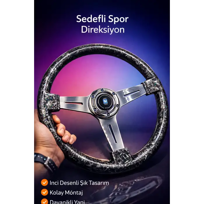 Sedefli Siyah Spor Direksiyon Momo Tip 35cm İthal Krom Detay 3 Kol Çizgili