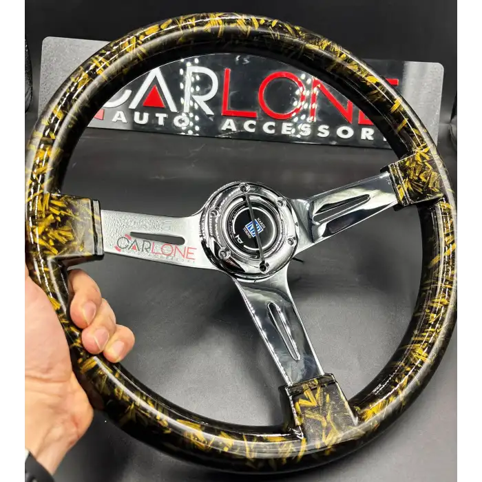 Momo Tip Direksiyon Gold Carbon Fiber Dizayn 35cm İthal Krom Detay 3 Kol Çizgili