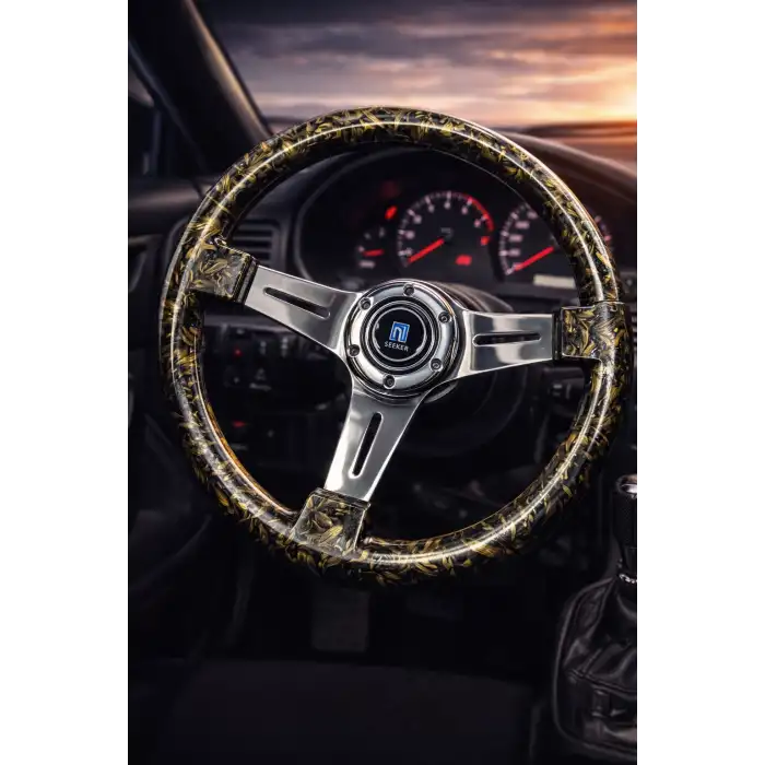 Momo Tip Direksiyon Gold Carbon Fiber Dizayn 35cm İthal Krom Detay 3 Kol Çizgili