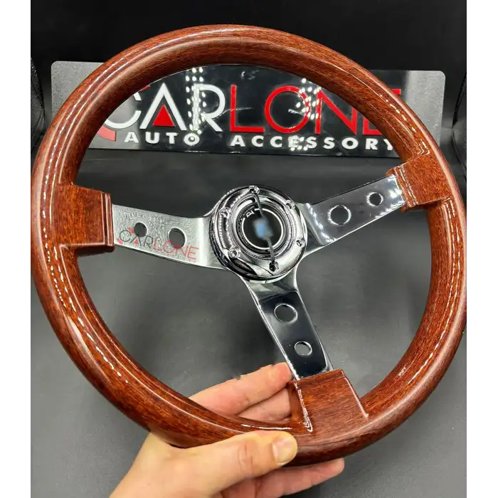 Nardi Tip Ahşap Direksiyon Premium Model Delikli Krom 3 Kollu