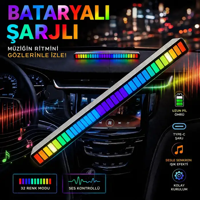 Araç İçi Müzik Ritmine Duyarlı RGB Ekolayzer LED Işık Çubuğu Bataryalı (1 ADET)