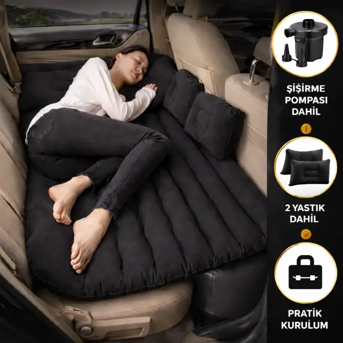 Şişme Araç İçi Seyahat Yatağı Oto Araç İçi Yatak Siyah Renk Pompa+Yastık Dahil