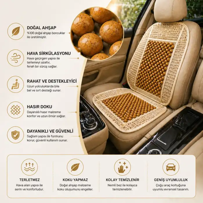 Terletmez Hasır Bambu Ahşap Oto Koltuk Minderi Bej Renk File Detay 1 Adet