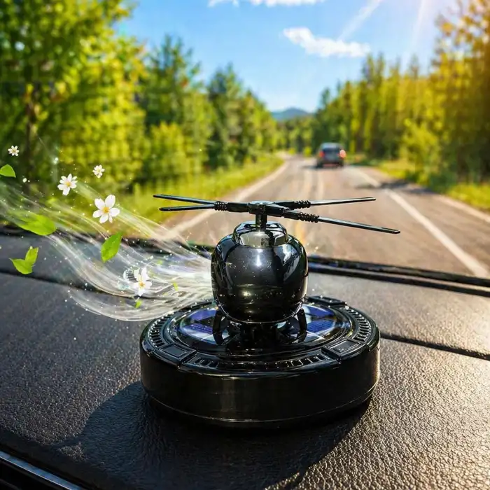 Güneş Enerjili Dönen Helikopter Araba Kokusu Siyah Gümüş Renk -Torpido Üstü Dekoratif Oto Kokusu
