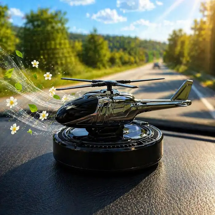 Güneş Enerjili Dönen Helikopter Araba Kokusu Siyah Gümüş Renk -Torpido Üstü Dekoratif Oto Kokusu