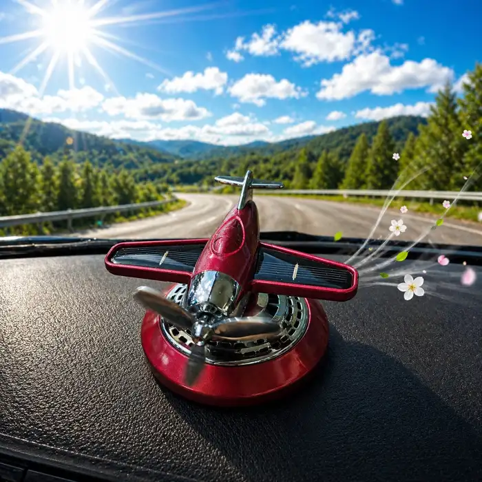 Güneş Enerjili Dönen Uçak Araba Kokusu Kırmızı Renk -Torpido Üstü Dekoratif Oto Kokusu