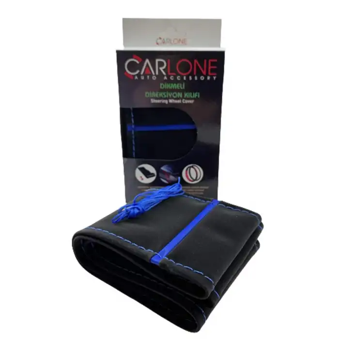 Alcantra Kumaş Mavi İpli Direksiyon Kılıfı - Dikmeli Delikli Model / A+ Kopmayan İp / Kokusuz Ürün