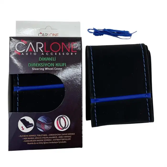 Alcantra Kumaş Mavi İpli Direksiyon Kılıfı - Dikmeli Delikli Model / A+ Kopmayan İp / Kokusuz Ürün