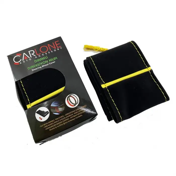 Alcantra Kumaş Sarı İpli Direksiyon Kılıfı - Dikmeli Delikli Model / A+ Kopmayan İp / Kokusuz Ürün