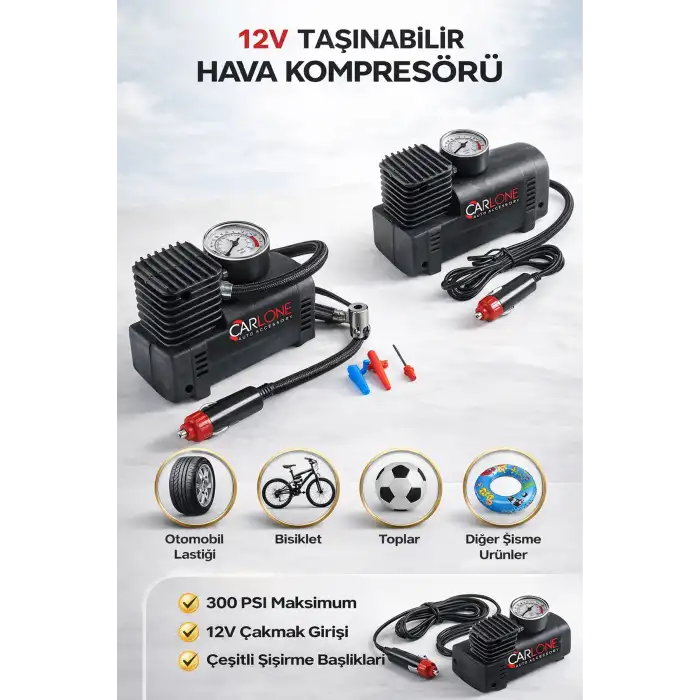 Araba Lastik Şişirme Pompası Hava Lastik Kompresörü Çakmak Girişli 300PSİ