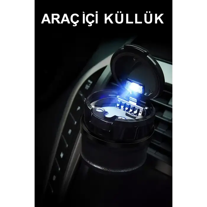 Araç İçi Işıklı Seramik Küllük Bardaklıklı Havalandırma Tip Kapaklı Mavi Renk Işıklı