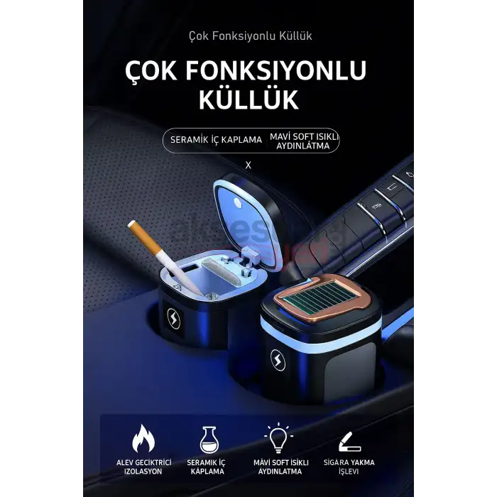 Araç İçi Küllük Lüks Güneş Enerjili Çakmaklı Seramik Deri Detaylı Premium Model