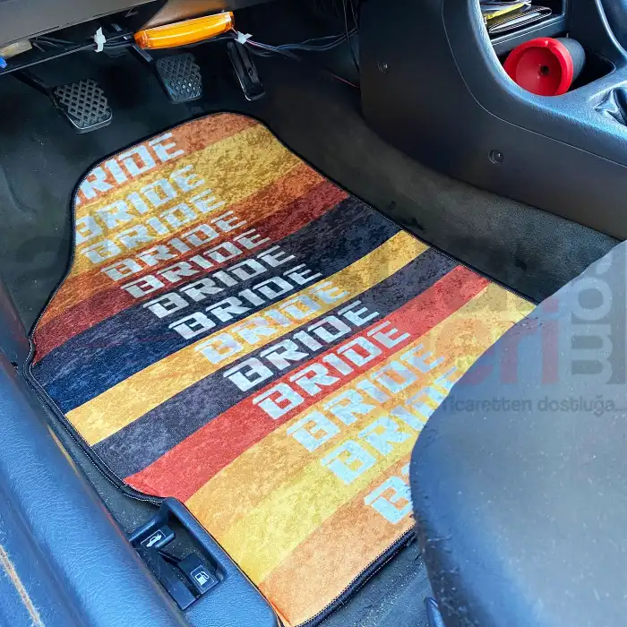 Bride Turuncu Desen Araç İçi Halı Paspas-Kaydırmaz Taban-Universal Her Araca Uyumlu-Yıkanabilir