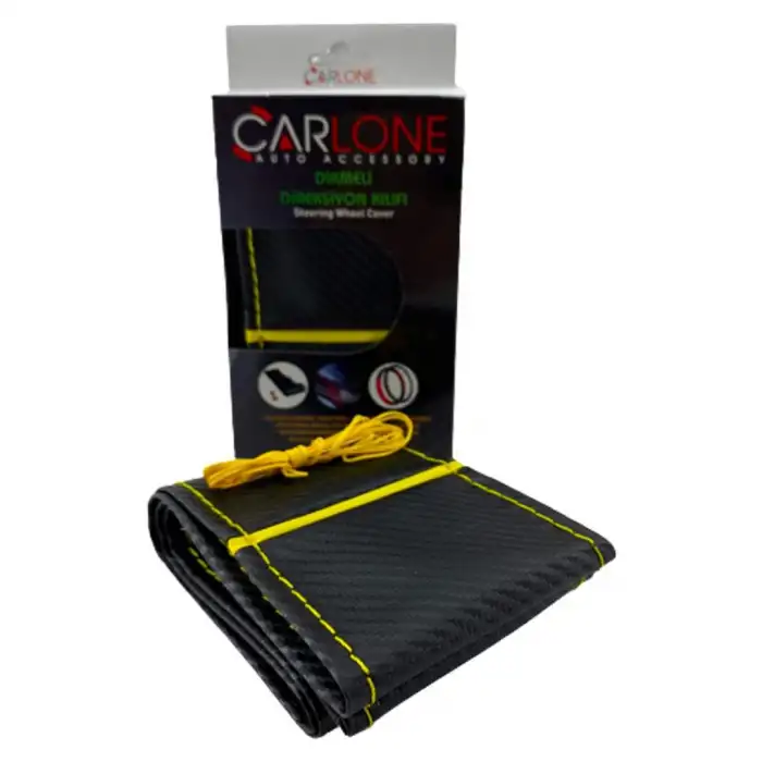 Carbon Desen Sarı İpli Deri Direksiyon Kılıfı - Dikmeli Delikli Model / A+ Kopmayan İp / Kokusuz Ürün