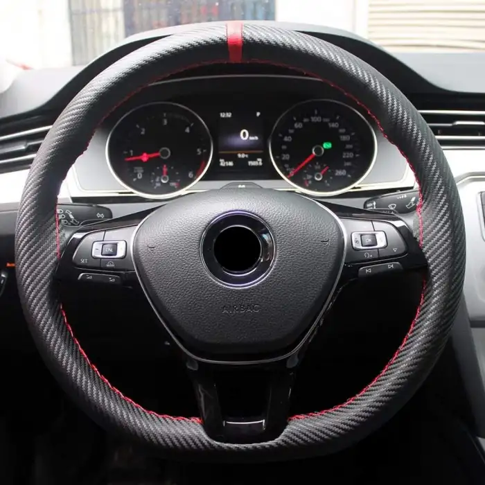 Carbon Kırmızı Desen Deri Direksiyon Kılıfı - Dikmeli Delikli Model / A+ Kopmayan İp / Kokusuz Ürün