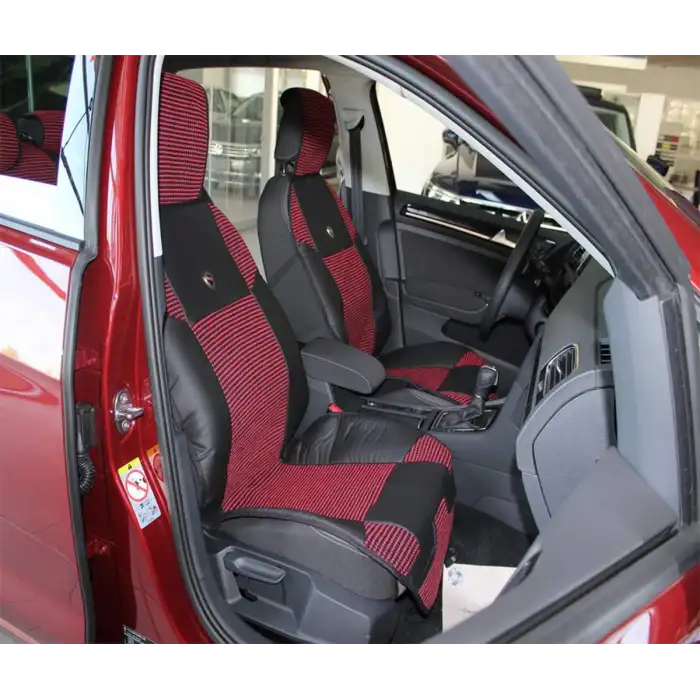 Deri ve Hasır Kumaşından Oto Koltuk Kılıfı - Pratik Takmatik Set -Kırmızı-Siyah