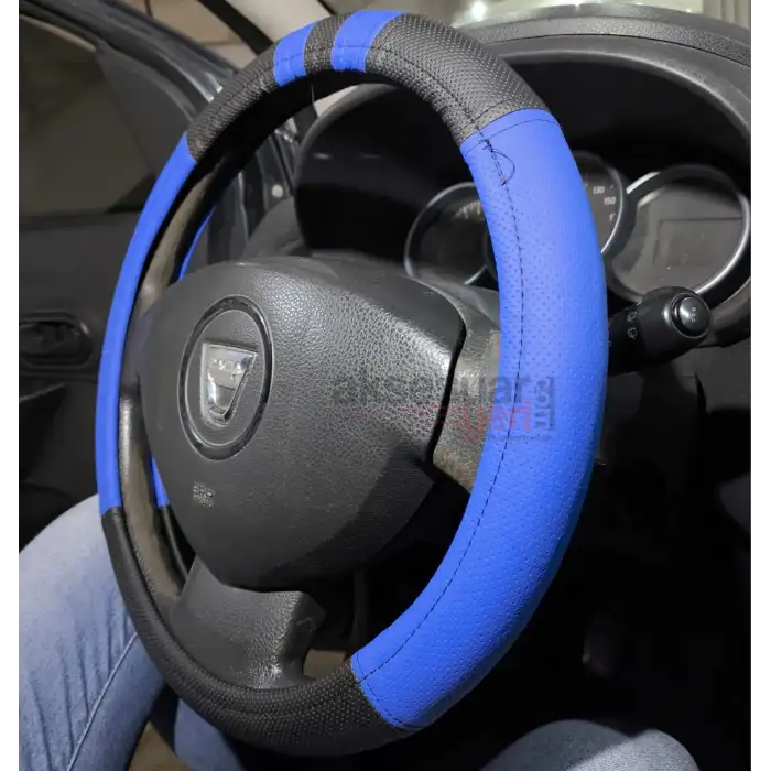 Geçme Deri Direksiyon Kılıfı - Spor Görünüm - Delikli Siyah Mavi Renk - 38cm