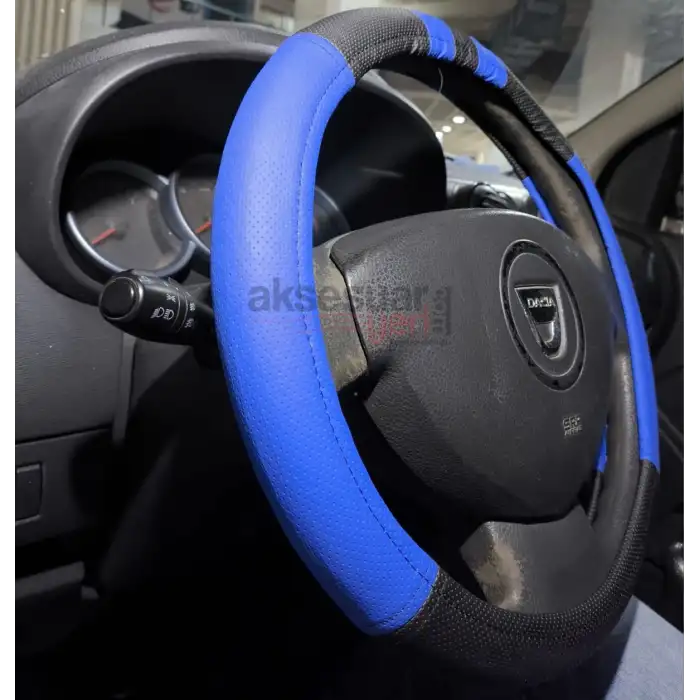 Geçme Deri Direksiyon Kılıfı - Spor Görünüm - Delikli Siyah Mavi Renk - 38cm