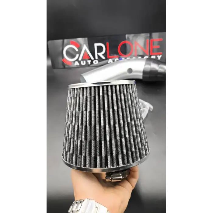 Gümüş Renk Krom Borulu ve Gri Spor Açık Hava Filtre Seti -Boru Çapı 7,6cm-Uzunluk 23cm