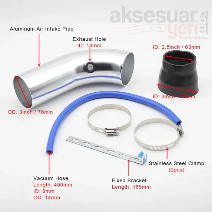 Hava Filtresi Uzatma Krom Boru Seti Metal Ürün 7.6cm çap, 25cm Uzunluğunda