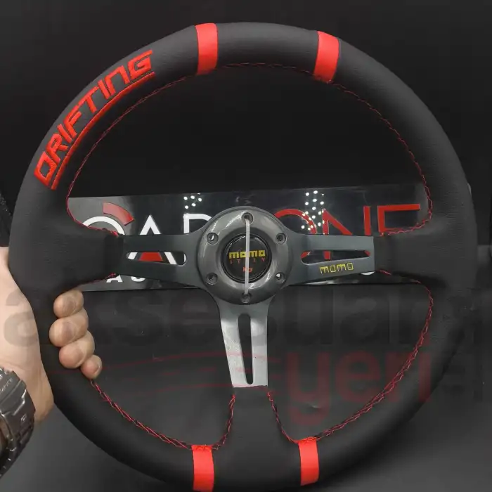 Momo Direksiyon Kırmızı İpli Gri Metal Kollar ve Göbek 35cm Ofsetli Model Deri
