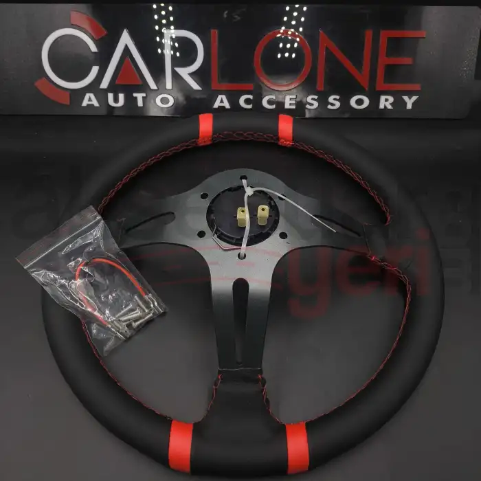 Momo Direksiyon Kırmızı İpli Gri Metal Kollar ve Göbek 35cm Ofsetli Model Deri