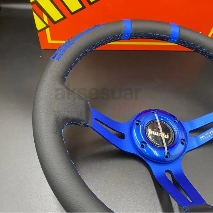 Momo Direksiyon Mavi İpli 35cm Ofsetli Model Deri Kaplama A+ Orjinal Ürün