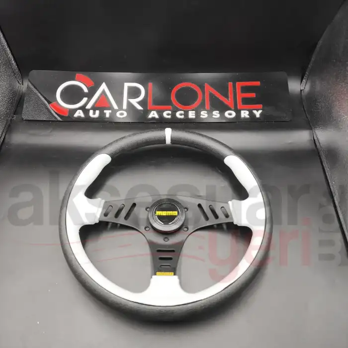 Momo Spor Direksiyon 32cm Yarıklı Beyaz Detaylı- Yarış Spor Direksiyonu